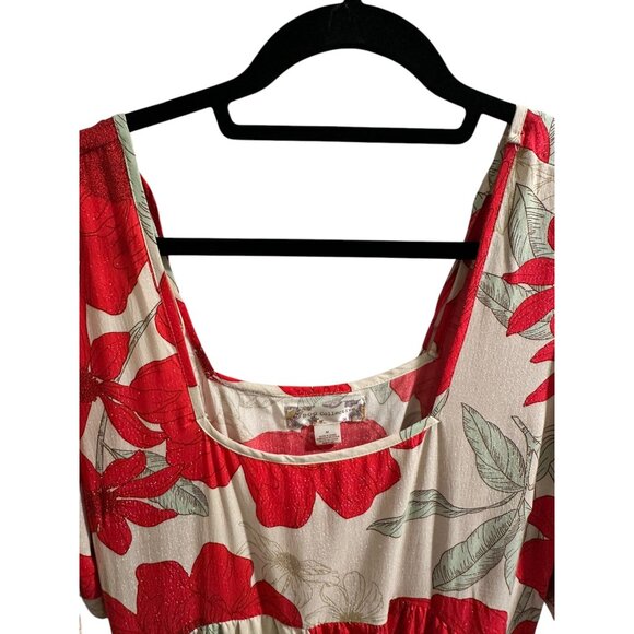 ✌️ 2/$40 ✌️ Red & Beige Floral Print Tunic Dress, Short Sleeves & Tassel sz M - Picture 3 of 9